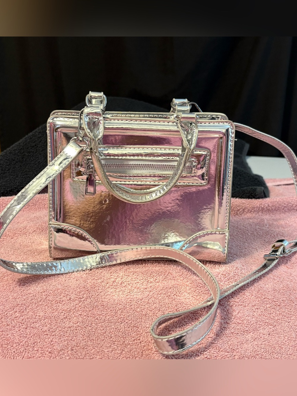 Shiny Silver Metallic Mini Satchel Bag w/top handles & a detachable shoulder str